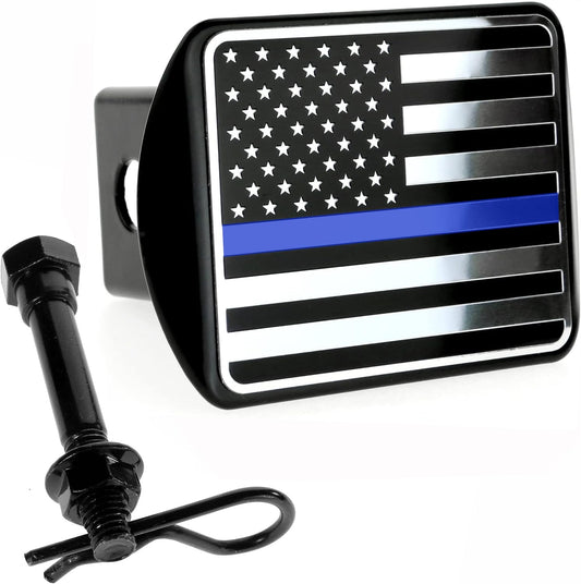 American Flag Hitch Cover Black Chrome With Thin Blue Line