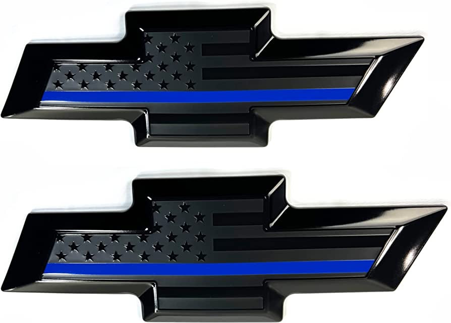 2016-2018 Silverado 1500 American Flag Emblem Front & Tailgate Bowtie Metal Emblem, (Black with Blue Line)