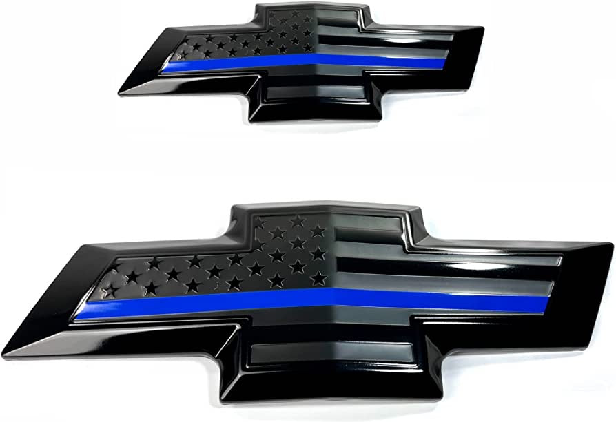 2015-2020 Suburban/Tahoe American Flag Emblem Front & Tailgate Bowtie Metal Emblem, (Black with Blue Line)