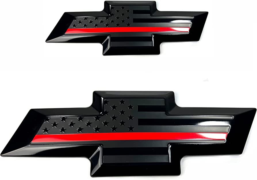 2015-2020 Suburban/Tahoe American Flag Emblem Front & Tailgate Bowtie Metal Emblem, (Black with Red Line)