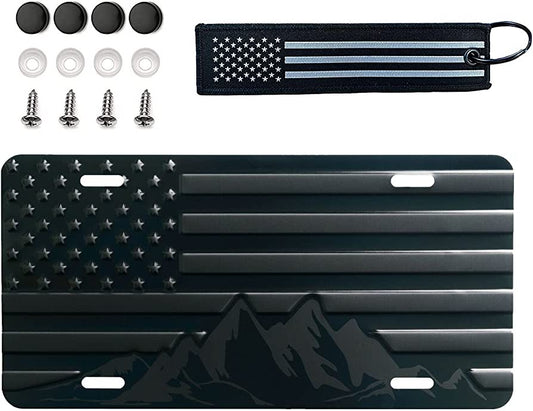American Flag Mountains License Plate Black