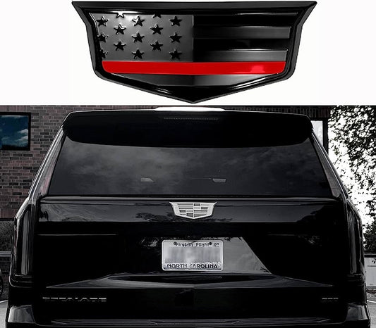 American Flag Rear Tailgate Aluminum Metal Overlay Emblem for Escalade (2015-2020, Black with Red Line)