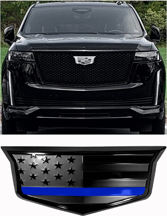 American Flag Aluminum Metal Overlay Front Emblem for Escalade (Front 2015-2023, Black with Blue Line)