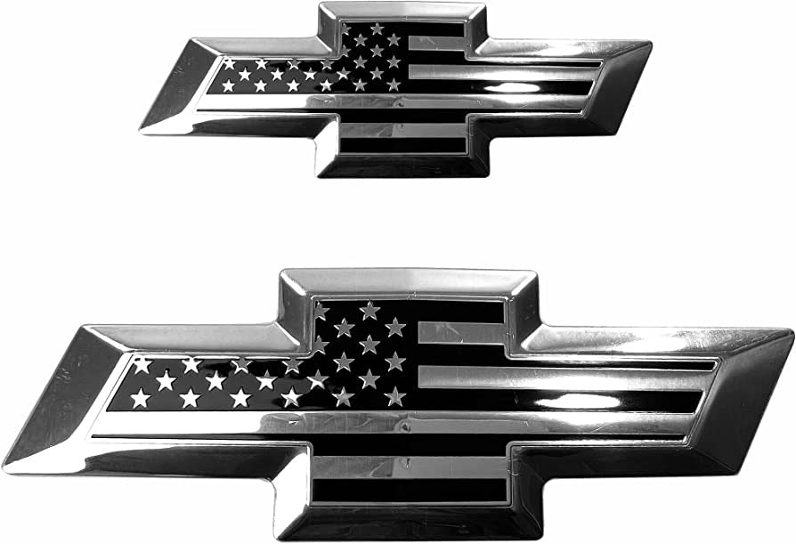 2015-2020 Suburban/Tahoe American Flag Emblem Front & Tailgate Bowtie Metal Emblem, (Chrome Black)