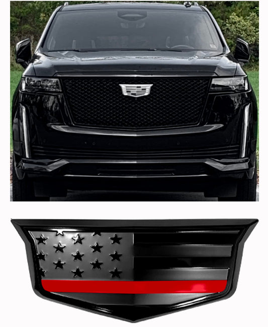 American Flag Aluminum Metal Overlay Front Emblem for Escalade (Front 2015-2023, Black with Red Line)