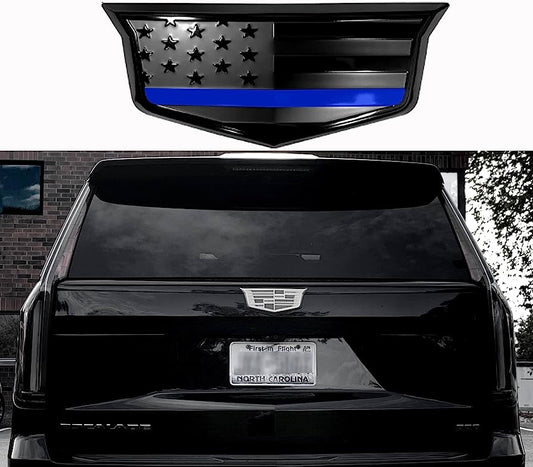 American Flag Rear Tailgate Aluminum Metal Overlay Emblem for Escalade (2015-2020, Black with Blue Line)