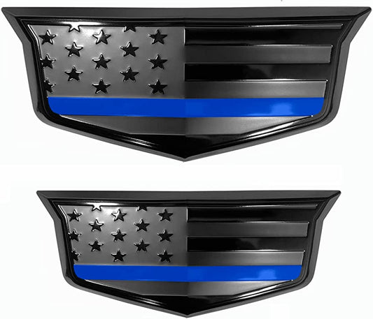 American Flag Aluminum Overlay Front and Tailgate Emblems Set for Escalade (Black with Blue Line)