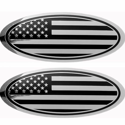Ford Superduty F-250, F-350, F-450, F-550  2018-2023 American Flag Front Grill & Tailgate Rear Aluminum Emblem Set (Chrome Black 12”)